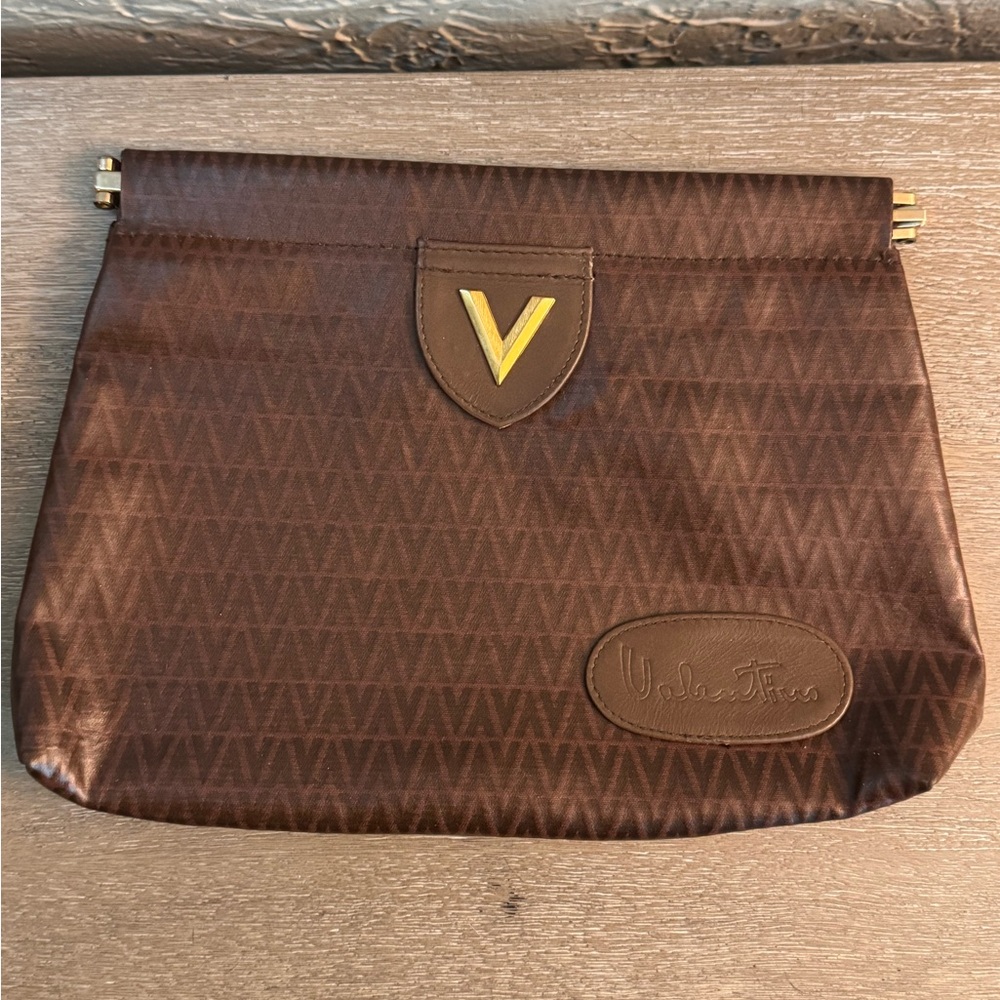 Mario Valentino Brown Toiletry Pouch with Gold V Accent